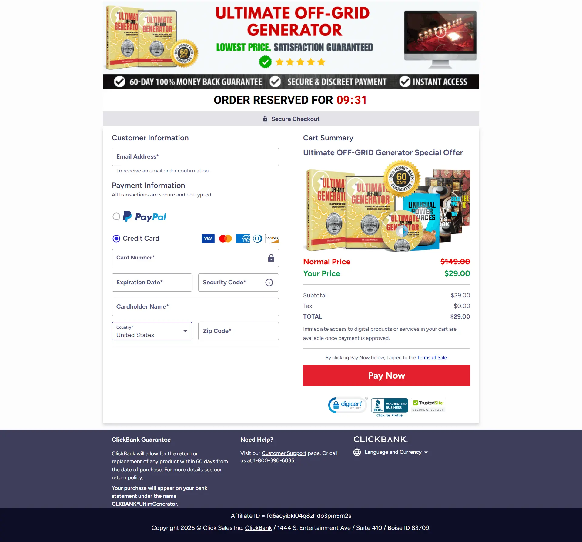 Ultimate OFF-GRID Generator Checkout Page